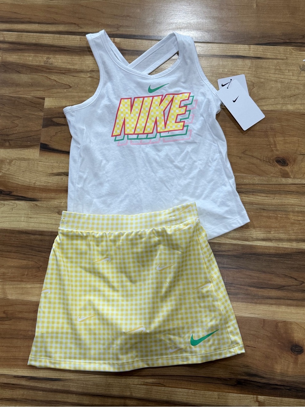 Nike Girls White Tank Top with Yellow Gingham Skort Set, New
